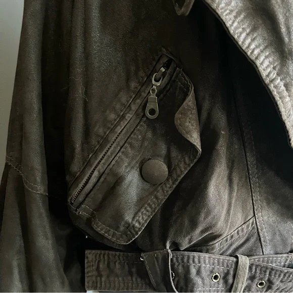 Vintage Lamb Leather Draped Jacket Belted Brown Cropped Moto Oversized Biker - Picture 5 of 10